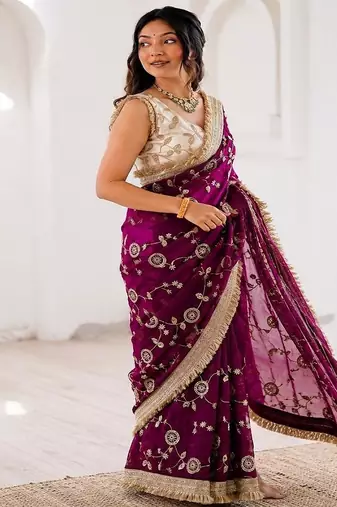 Women's satin silk saree with elegant lace border party wear designer saree