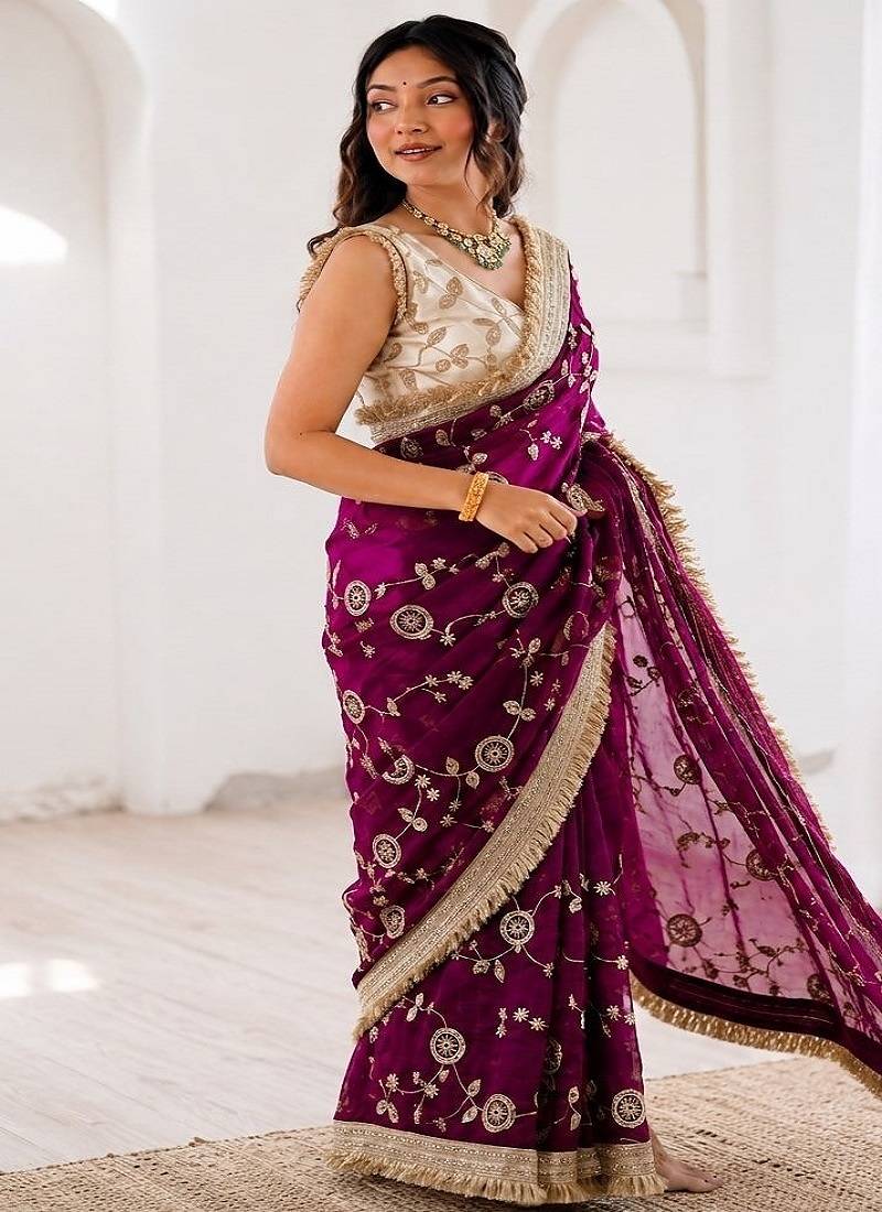 Women's satin silk saree with elegant lace border party wear designer saree