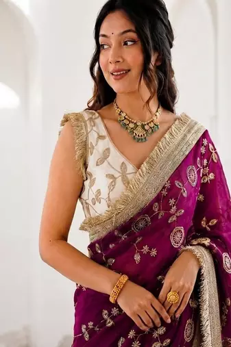 Women's satin silk saree with elegant lace border party wear designer saree