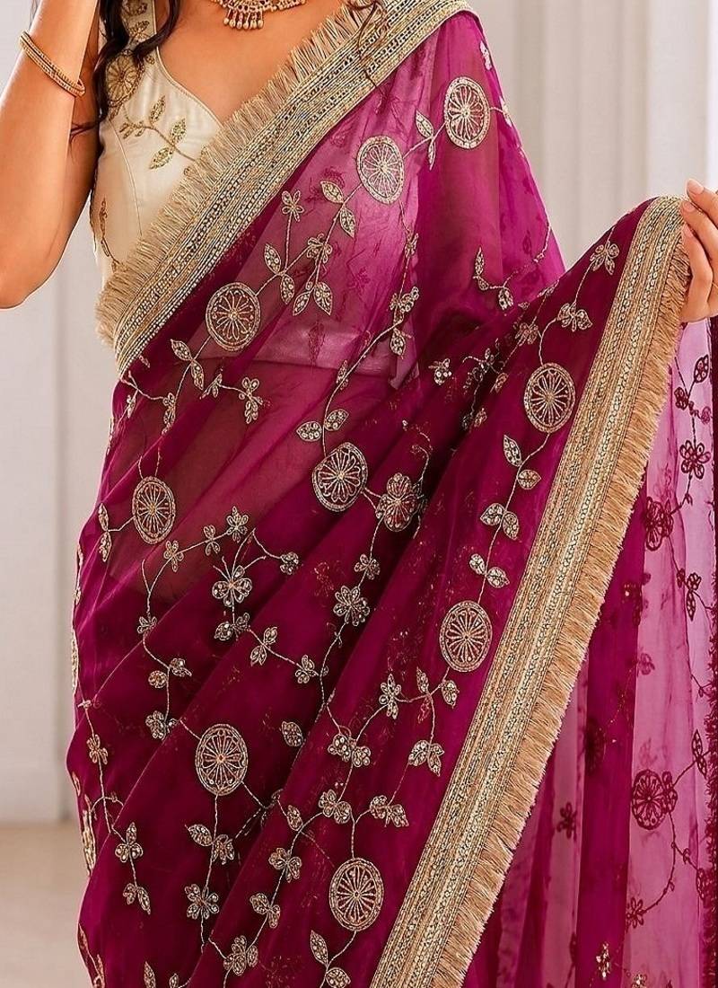 Women's satin silk saree with elegant lace border party wear designer saree