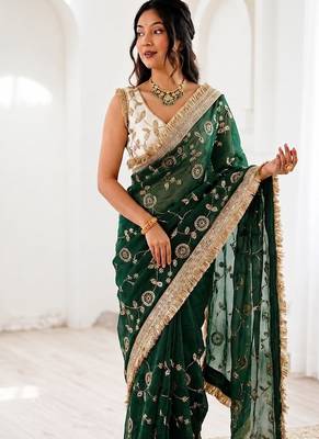 Women's satin silk saree with elegant lace border party wear designer saree 1