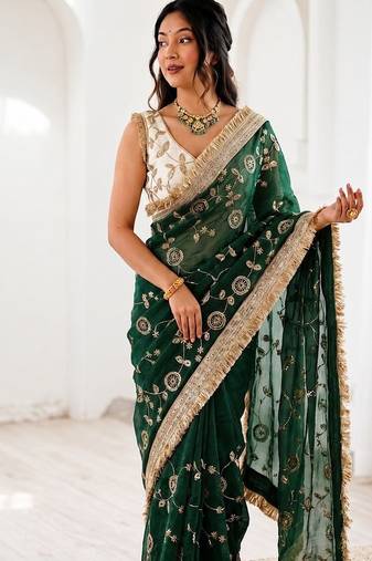 Women's satin silk saree with elegant lace border party wear designer saree