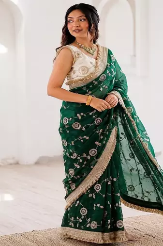 Women's satin silk saree with elegant lace border party wear designer saree