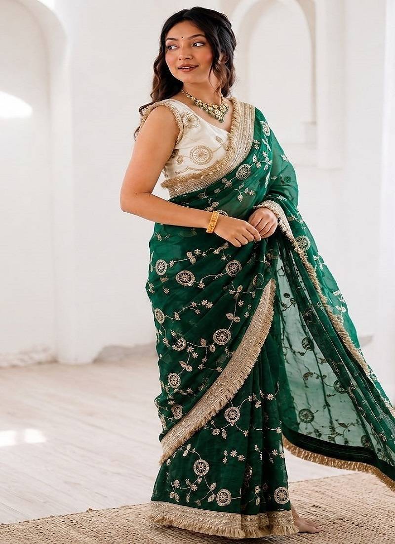 Women's satin silk saree with elegant lace border party wear designer saree