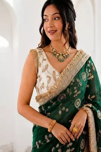 Women's satin silk saree with elegant lace border party wear designer saree