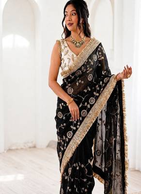 Women's satin silk saree with elegant lace border party wear designer saree 1