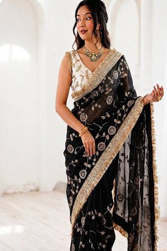 Women's satin silk saree with elegant lace border party wear designer saree