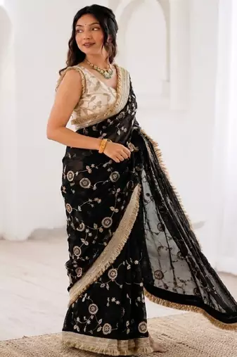Women's satin silk saree with elegant lace border party wear designer saree
