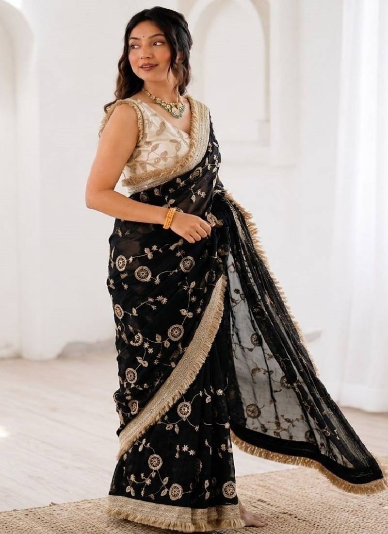 Women's satin silk saree with elegant lace border party wear designer saree