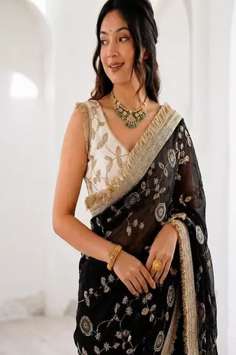 Women's satin silk saree with elegant lace border party wear designer saree