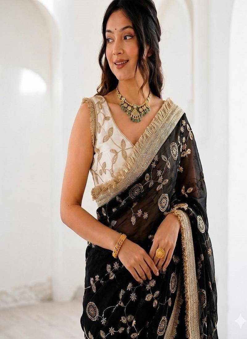 Women's satin silk saree with elegant lace border party wear designer saree