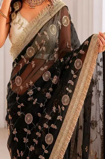 Women's satin silk saree with elegant lace border party wear designer saree