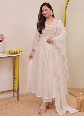 Women's Gorgeous Embroidery Work Chanderi Sik Fabric Flared Anarkali Pant and Dupatta Set 1