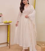 Women's Gorgeous Embroidery Work Chanderi Sik Fabric Flared Anarkali Pant and Dupatta Set