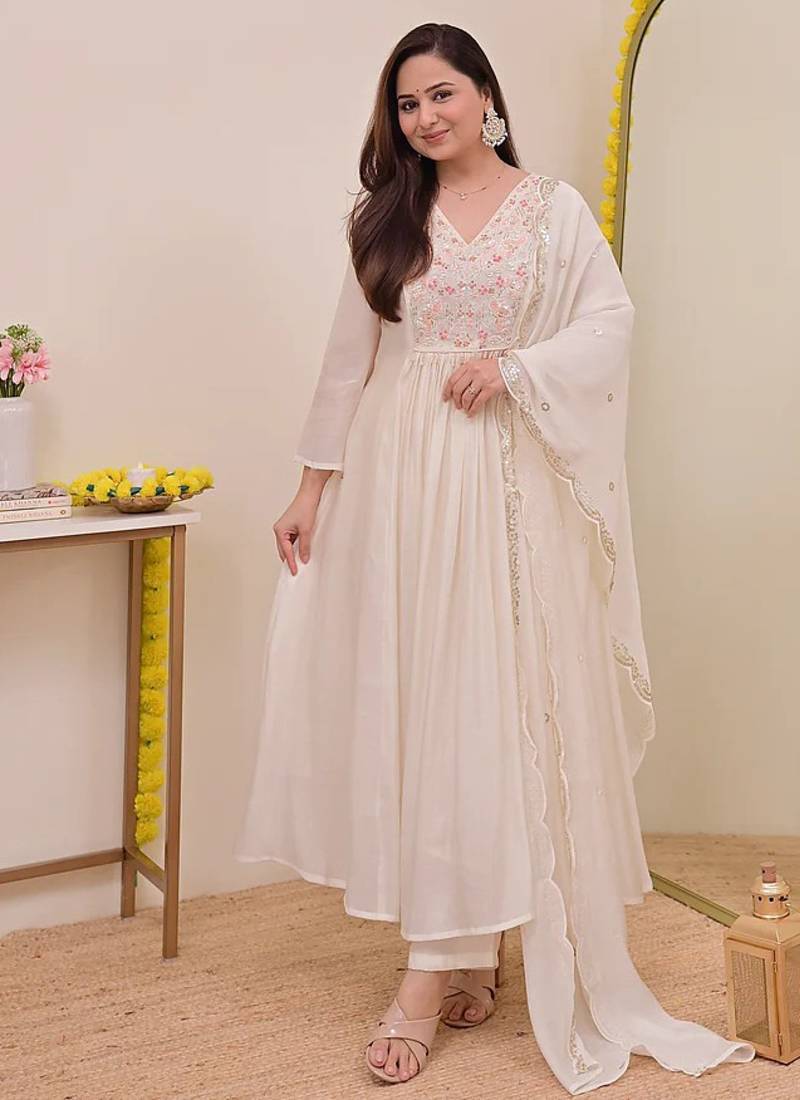 Women's Gorgeous Embroidery Work Chanderi Sik Fabric Flared Anarkali Pant and Dupatta Set