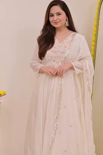 Women's Gorgeous Embroidery Work Chanderi Sik Fabric Flared Anarkali Pant and Dupatta Set