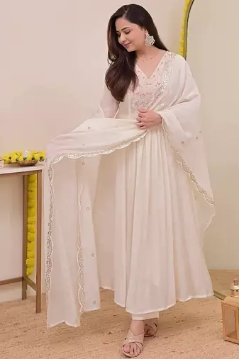 Women's Gorgeous Embroidery Work Chanderi Sik Fabric Flared Anarkali Pant and Dupatta Set
