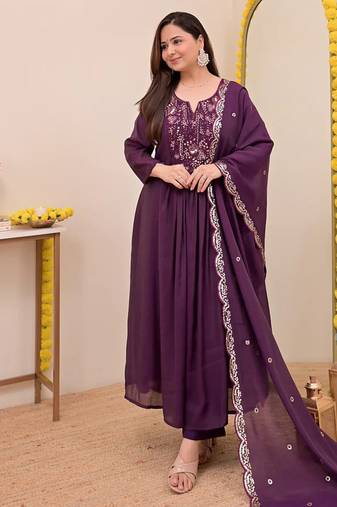 Women's Gorgeous Embroidery Work Chanderi Sik Fabric Flared Anarkali Pant and Dupatta Set