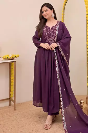 Women's Gorgeous Embroidery Work Chanderi Sik Fabric Flared Anarkali Pant and Dupatta Set
