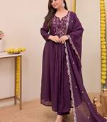 Women's Gorgeous Embroidery Work Chanderi Sik Fabric Flared Anarkali Pant and Dupatta Set