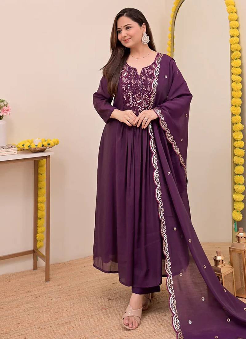 Women's Gorgeous Embroidery Work Chanderi Sik Fabric Flared Anarkali Pant and Dupatta Set