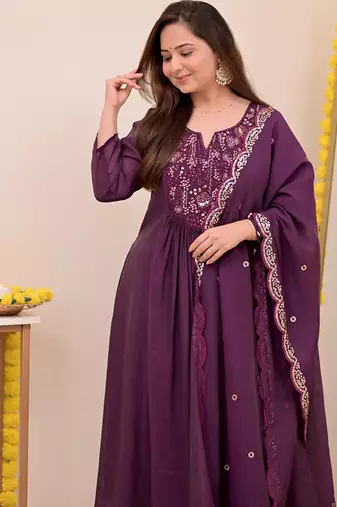 Women's Gorgeous Embroidery Work Chanderi Sik Fabric Flared Anarkali Pant and Dupatta Set
