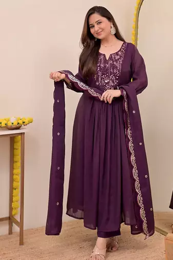 Women's Gorgeous Embroidery Work Chanderi Sik Fabric Flared Anarkali Pant and Dupatta Set