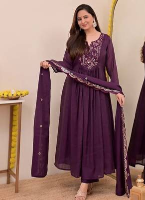 Women's Gorgeous Embroidery Work Chanderi Sik Fabric Flared Anarkali Pant and Dupatta Set 5