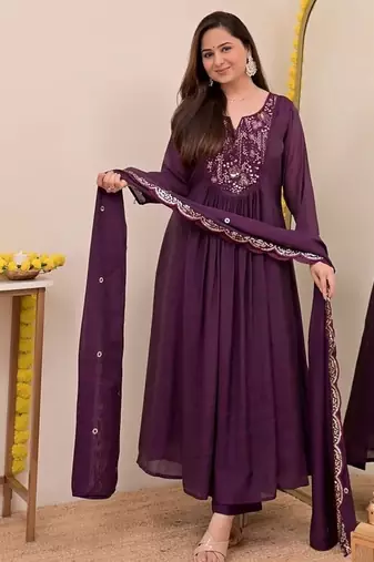 Women's Gorgeous Embroidery Work Chanderi Sik Fabric Flared Anarkali Pant and Dupatta Set