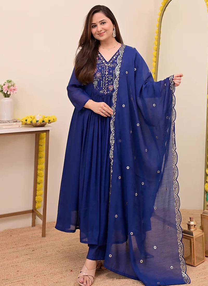 Women's Gorgeous Embroidery Work Chanderi Sik Fabric Flared Anarkali Pant and Dupatta Set
