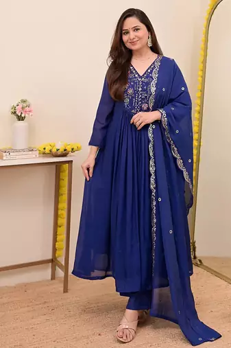 Women's Gorgeous Embroidery Work Chanderi Sik Fabric Flared Anarkali Pant and Dupatta Set
