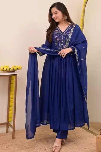 Women's Gorgeous Embroidery Work Chanderi Sik Fabric Flared Anarkali Pant and Dupatta Set