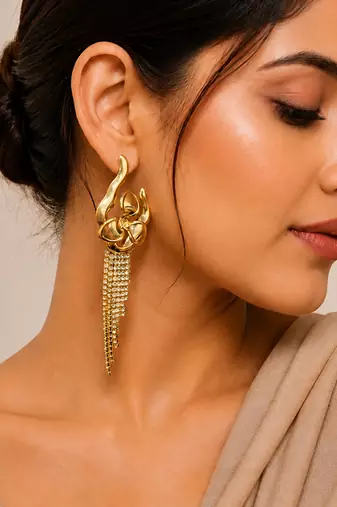 Gold plated orchid flower tassel chain earrings