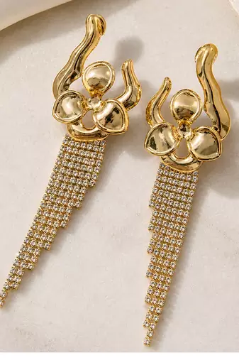 Gold plated orchid flower tassel chain earrings