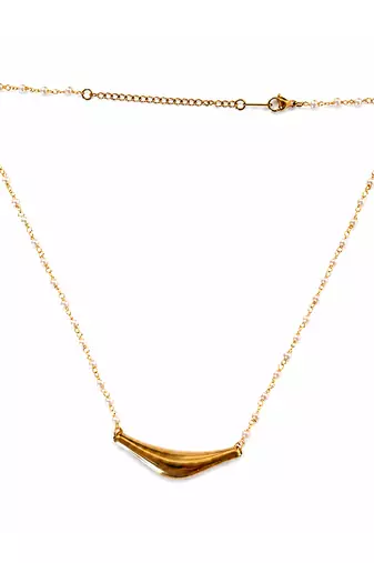 Mtallic gold curved bar pendant pearl rosary necklace