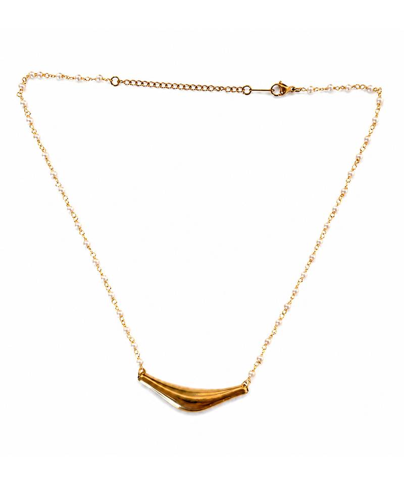 Mtallic gold curved bar pendant pearl rosary necklace