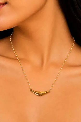 Mtallic gold curved bar pendant pearl rosary necklace