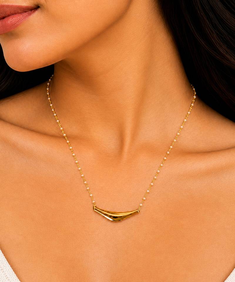 Mtallic gold curved bar pendant pearl rosary necklace