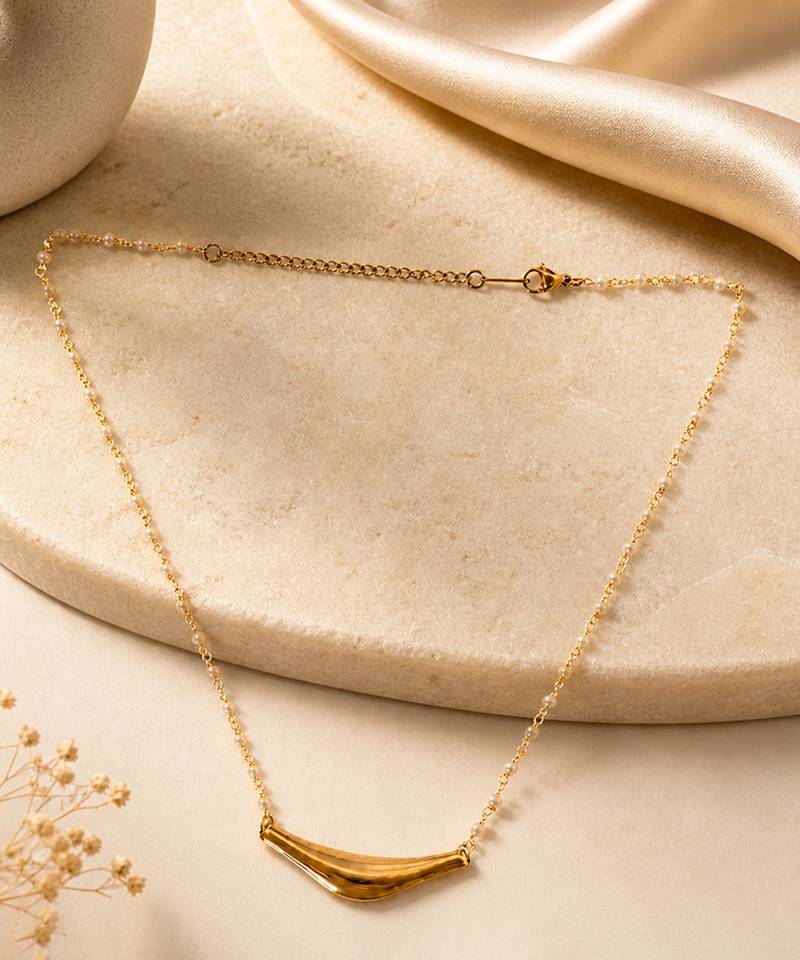 Mtallic gold curved bar pendant pearl rosary necklace