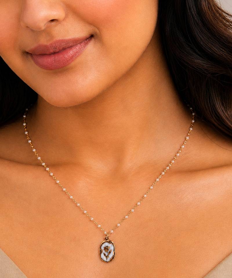 Floral enamel oval pendant necklace