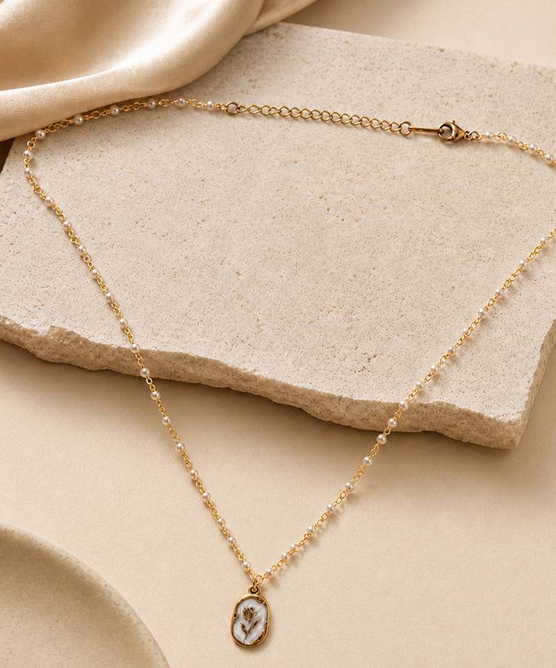 Floral enamel oval pendant necklace