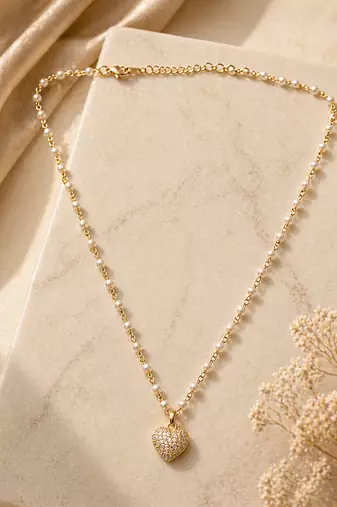 Gold bead chain heart necklace