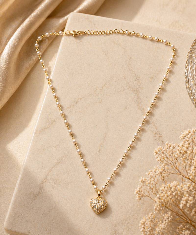 Gold bead chain heart necklace
