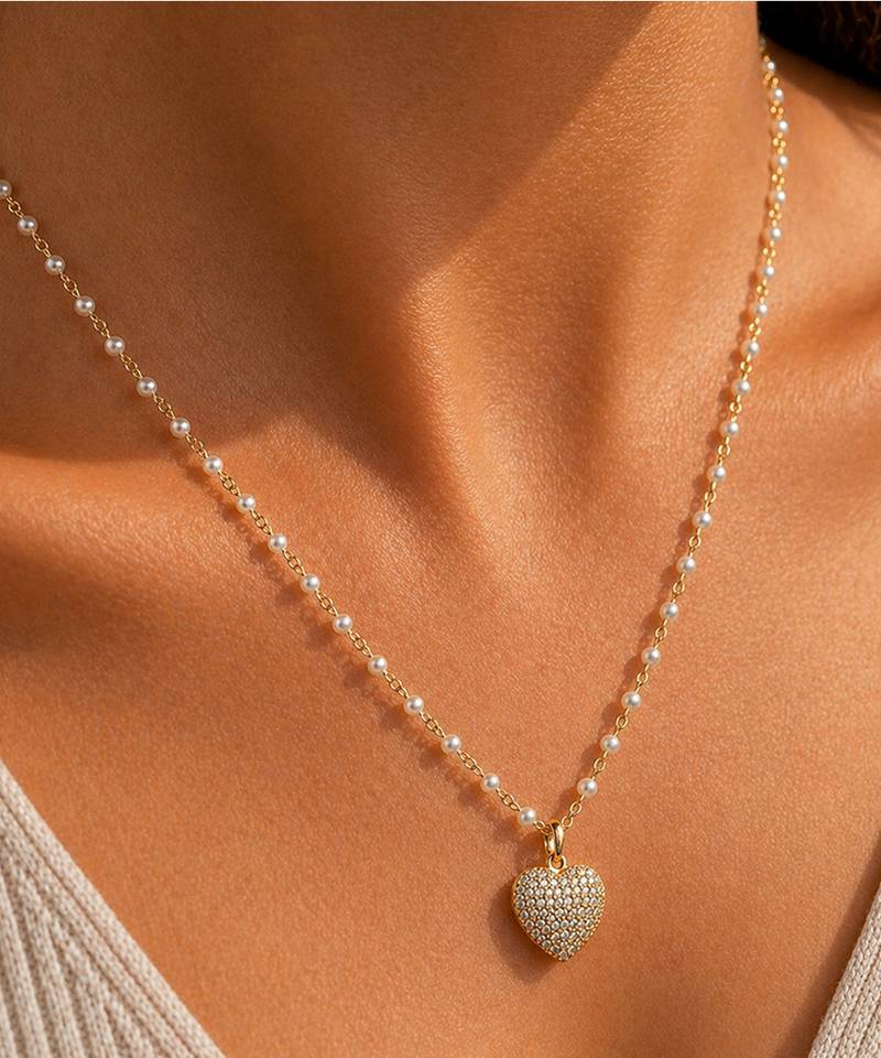 Gold bead chain heart necklace