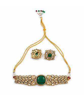 Emerald green stone kundan choker set 2
