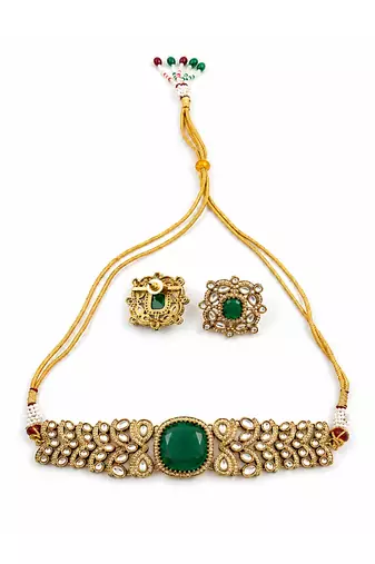 Emerald green stone kundan choker set