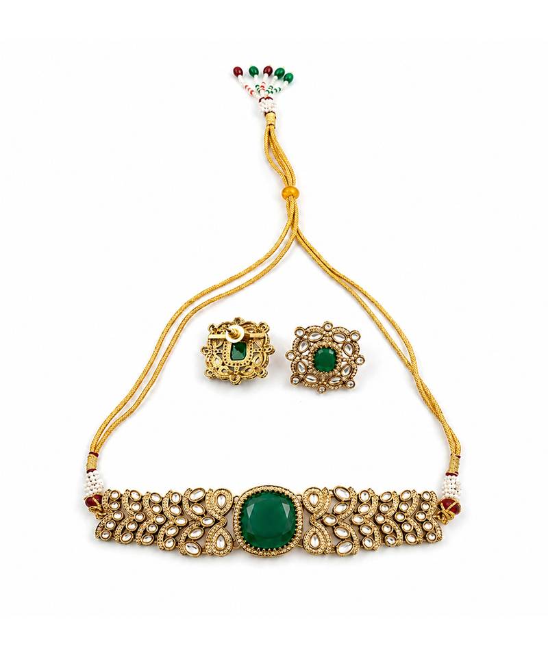 Emerald green stone kundan choker set