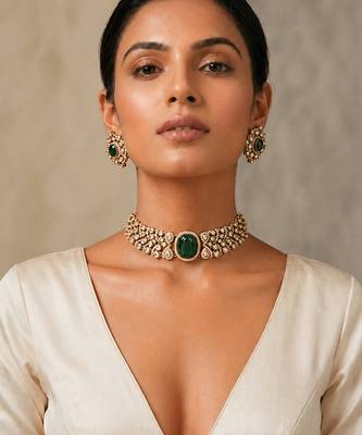 Emerald green stone kundan choker set 1
