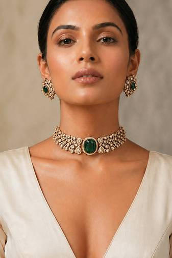 Emerald green stone kundan choker set