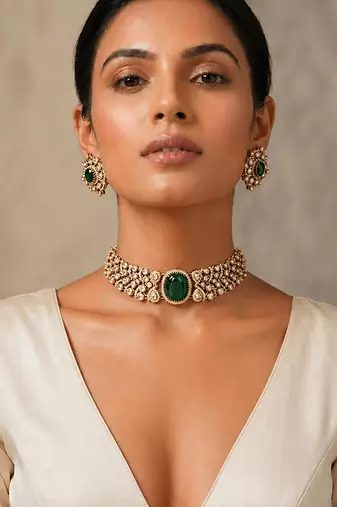 Emerald green stone kundan choker set